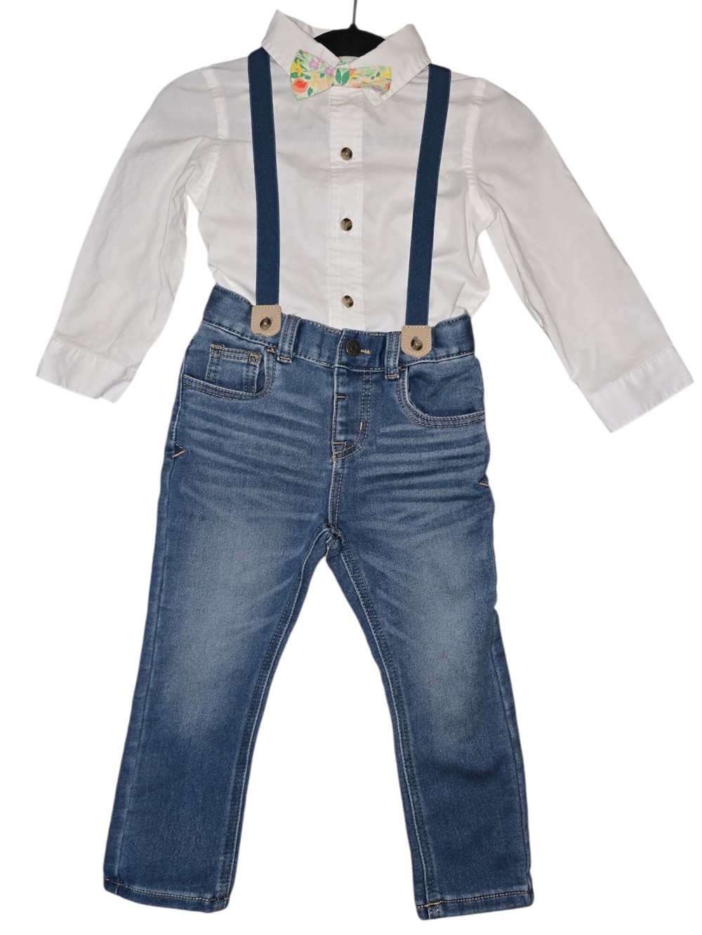 White Shirt with Pastel Floral Trim Denim Suspenders with Bow tie